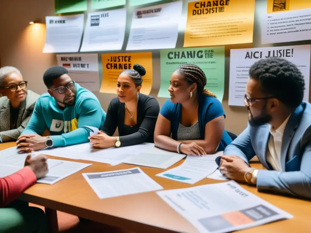 Grupo diverso de personas se reúnen en intensa discusión, compartiendo estrategias de incidencia y superando la polarización política