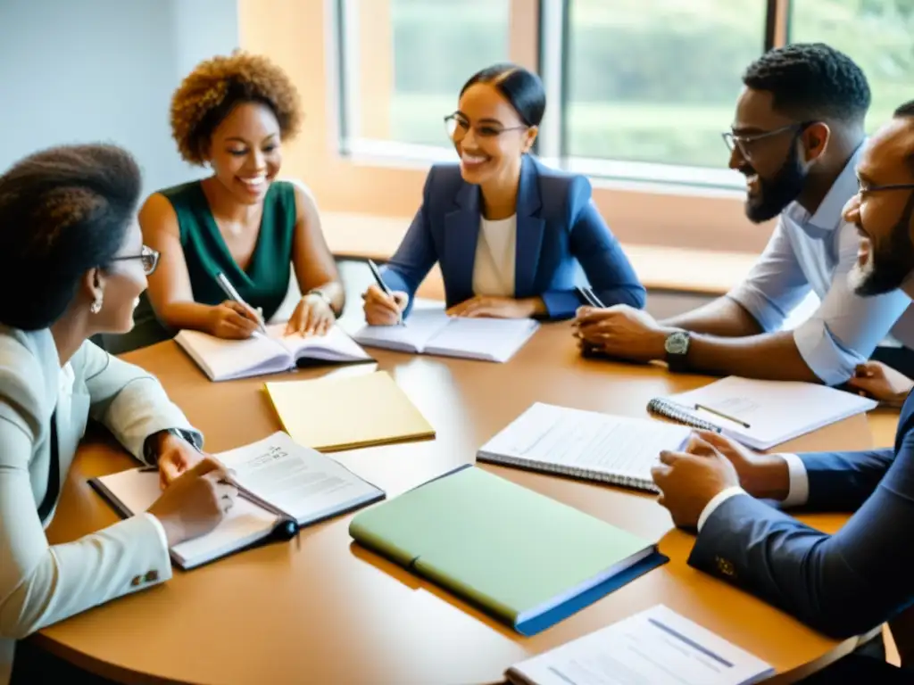 Un grupo diverso de personas se reúne alrededor de una mesa, intercambiando ideas en una atmósfera colaborativa y dinámica