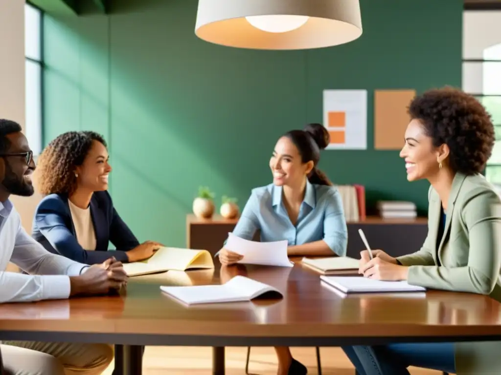 Un grupo diverso de personas se reúne alrededor de una mesa, discutiendo con entusiasmo