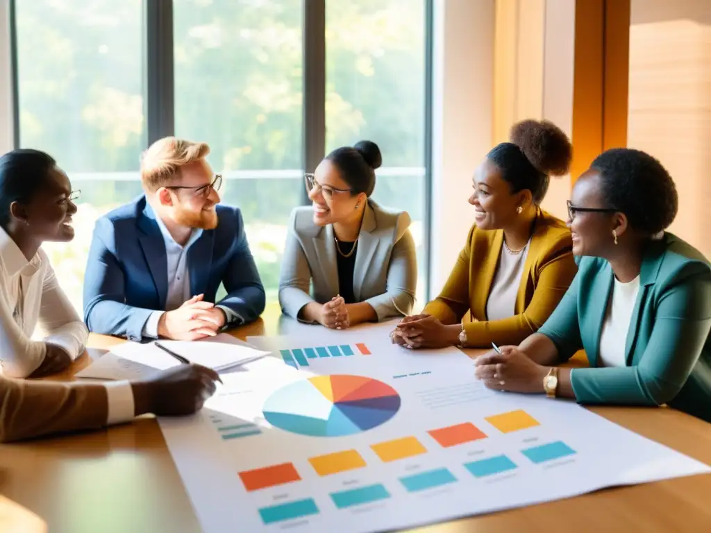 Un grupo diverso de personas se reúne alrededor de una mesa, discutiendo estrategias para inversiones de impacto social para ONGs