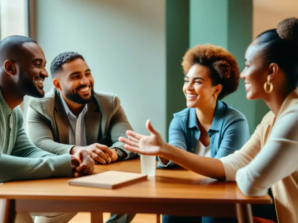 Un grupo diverso de personas de diferentes orígenes y edades, reunidas alrededor de una mesa en una conversación significativa