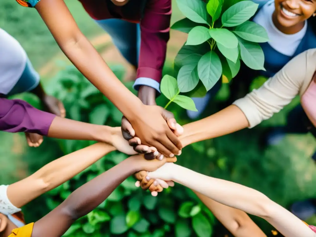 Un grupo diverso de personas de diferentes países y orígenes se unen en un círculo, sosteniéndose de las manos y sonriendo