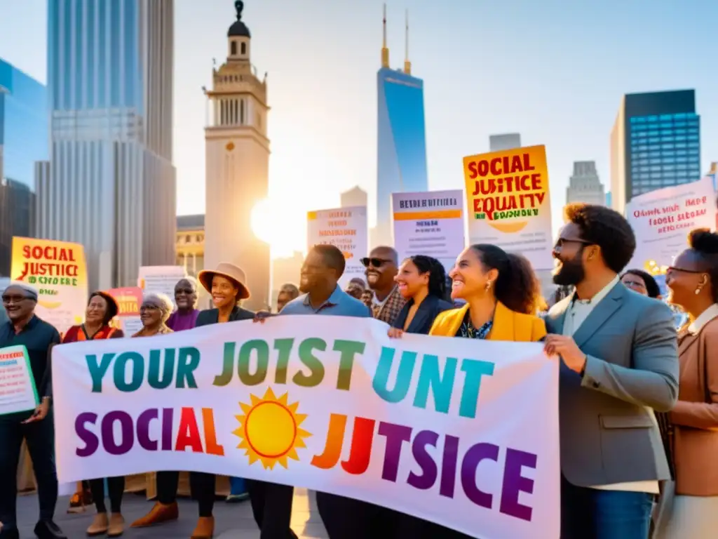 Un grupo diverso de personas se reúne en una plaza de la ciudad, sosteniendo pancartas coloridas con mensajes de justicia social