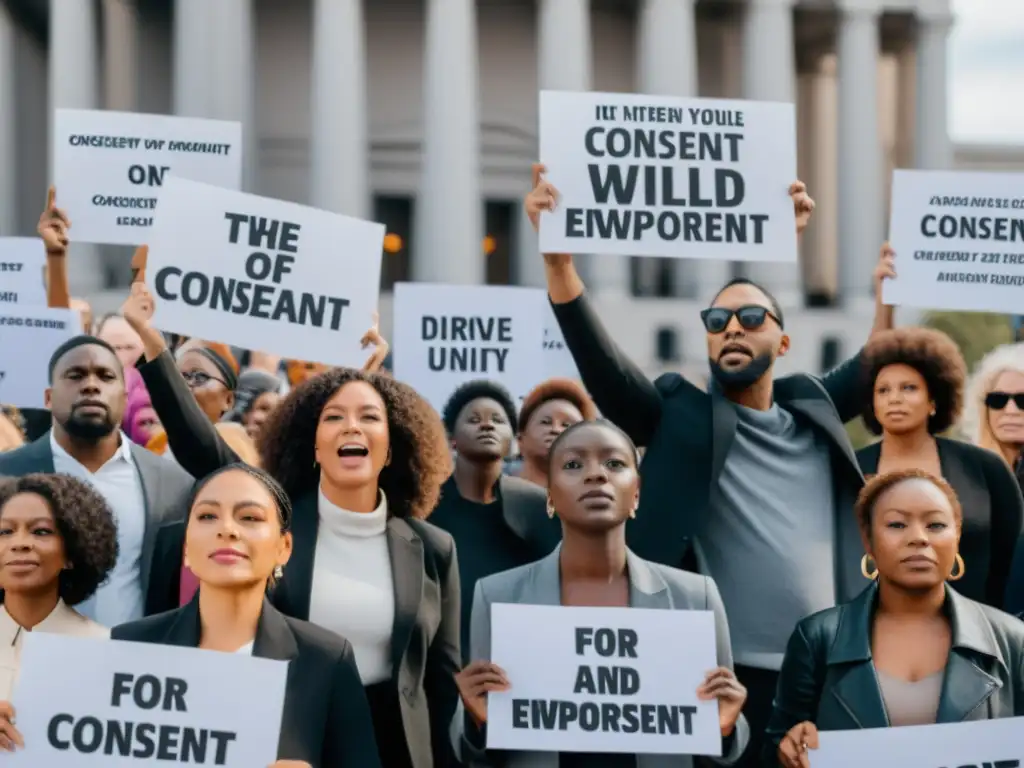 Grupo diverso de personas en plaza pública con carteles de consentimiento y empoderamiento