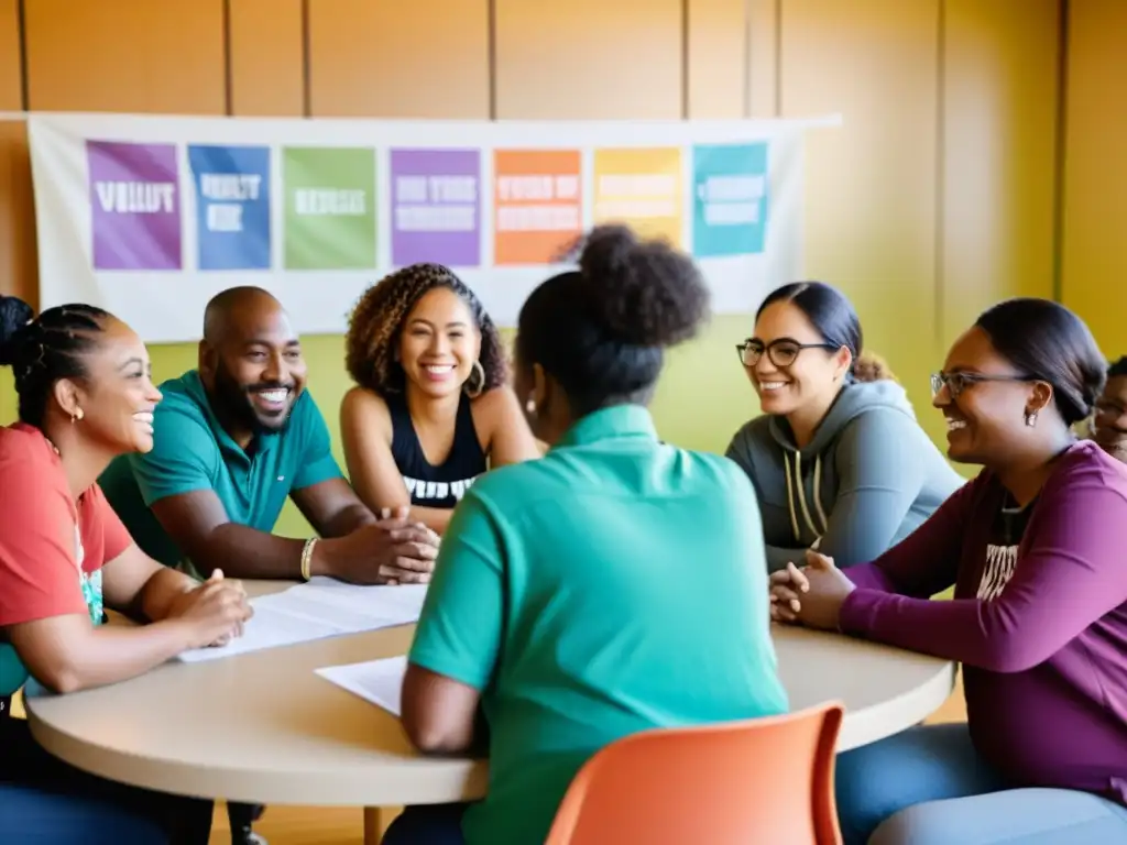 Colaboración comunitaria: Emoción y determinación en acción Un grupo diverso de personas colabora y discute proyectos en un centro comunitario, exudando esperanza y determinación