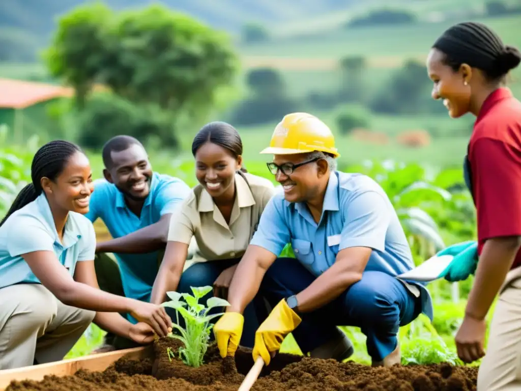 Un grupo diverso de personas colabora en proyectos sostenibles en una comunidad rural, destacando la importancia de la capacitación en ONGs