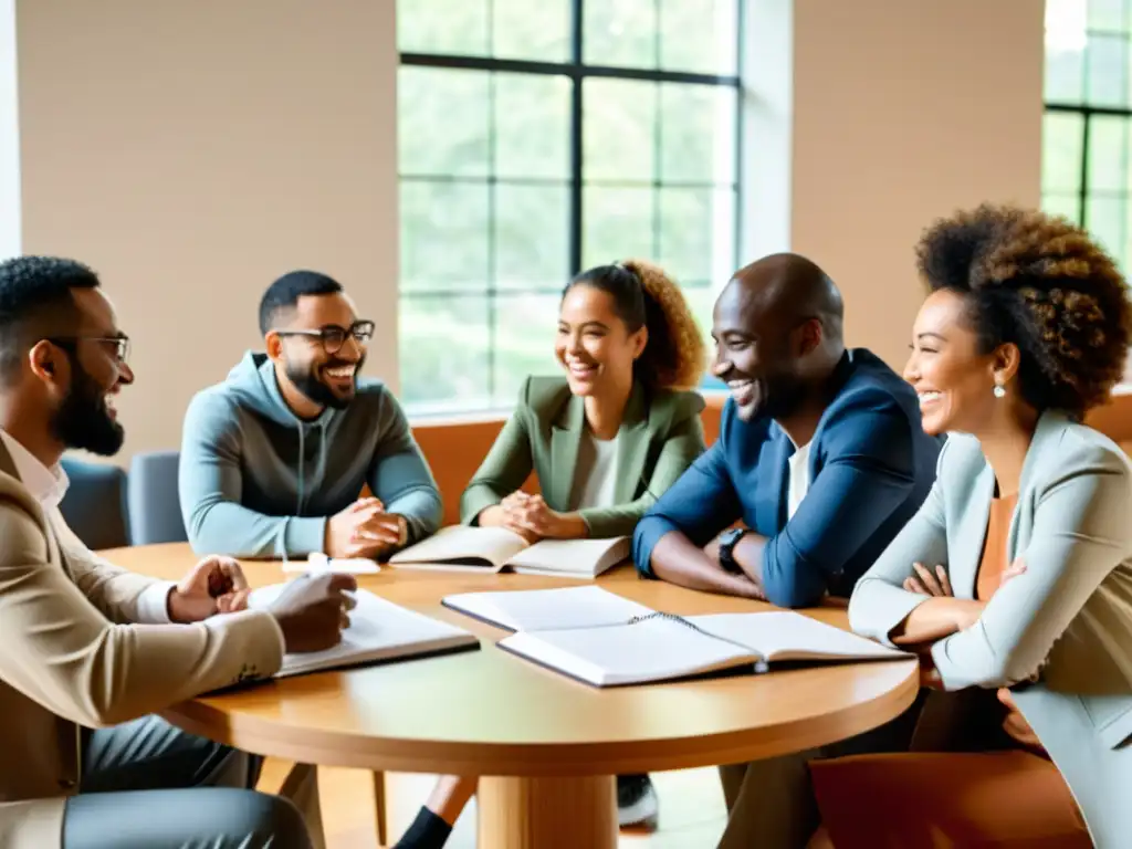 Un grupo diverso de personas colabora en una reunión productiva, mejorando la colaboración y el trabajo en equipo en una ONG