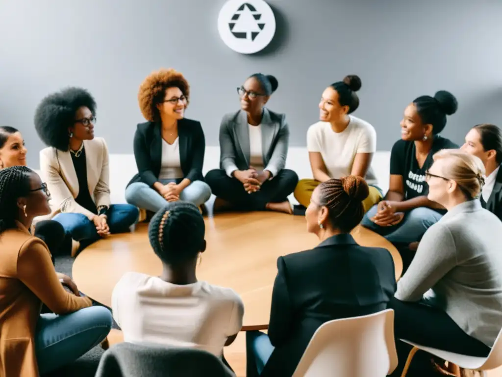 Un grupo diverso de personas se reúne en una sala iluminada, teniendo una conversación profunda sobre promover igualdad de género en ONGs