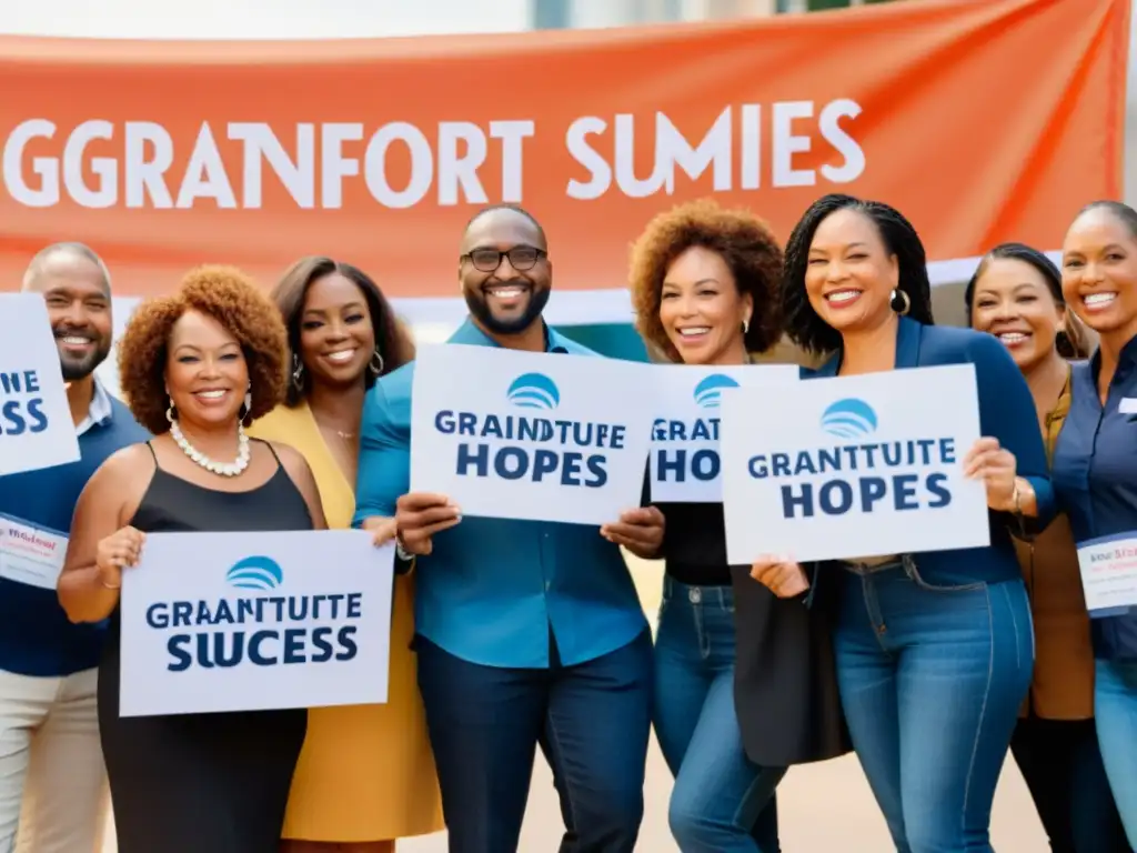 Grupo diverso de personas sonrientes sostienen carteles de gratitud en evento de recaudación de fondos, transmitiendo esperanza y confianza