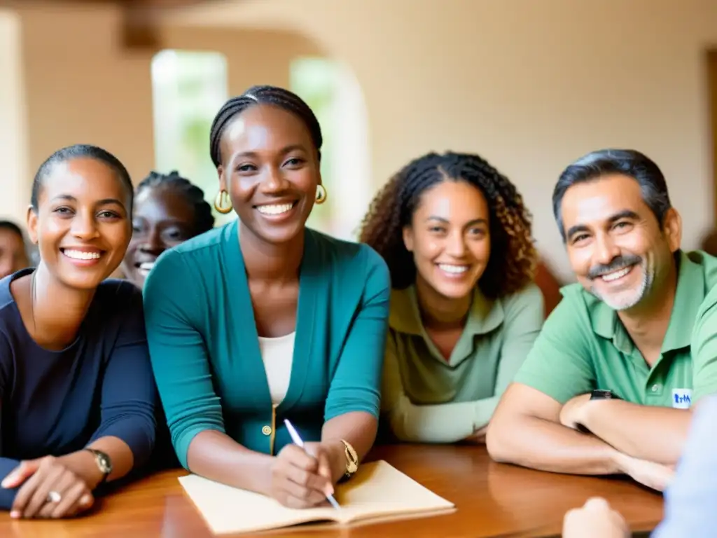 Grupo diverso de personas sonrientes compartiendo casos de éxito en ONG, transmitiendo confianza y conexión genuina en un espacio comunitario cálido