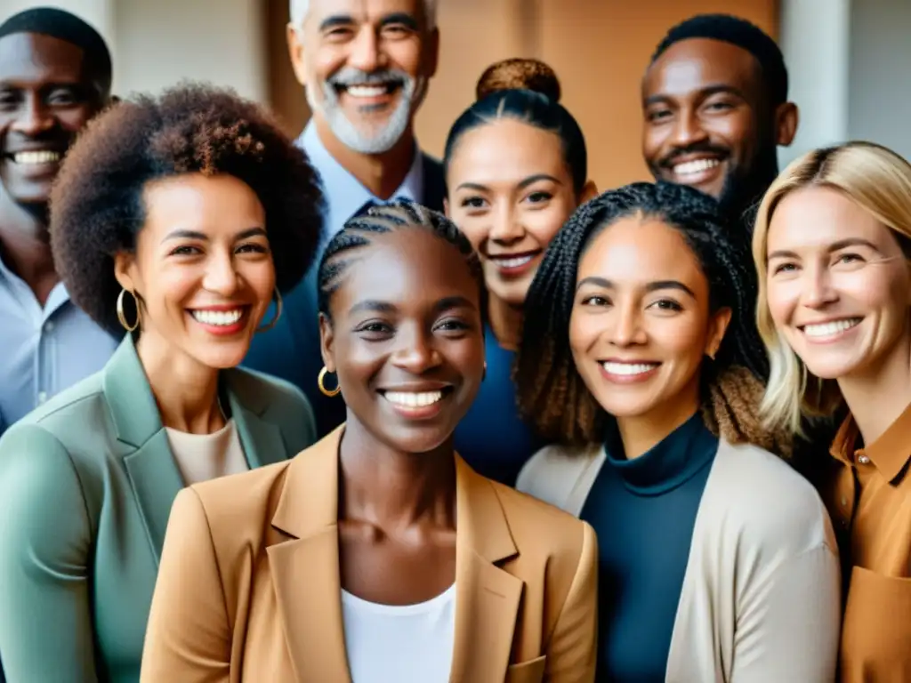 Un grupo diverso de personas sonrientes, comunicando diversidad y valor en una ONG, con una ciudad vibrante de fondo