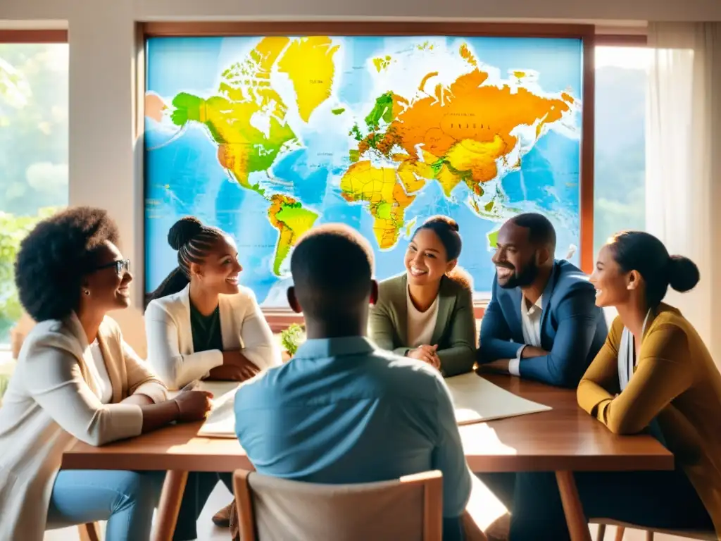 Grupo diverso de personas discutiendo temas globales alrededor de una mesa con un mapa mundial