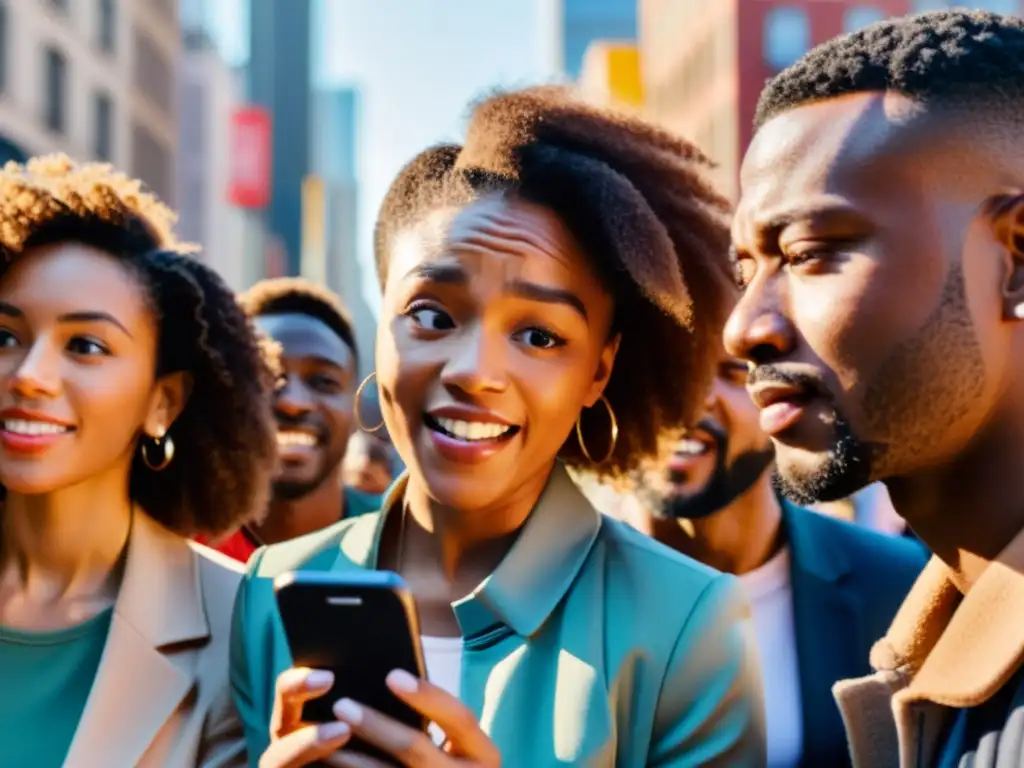 Un grupo diverso de personas se maravilla viendo un video viral en un teléfono