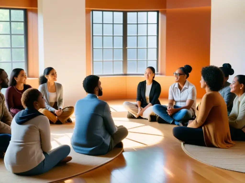 Grupo diverso en ONG discute perspectiva de género con respeto y colaboración, iluminados por luz natural y mensajes empoderadores