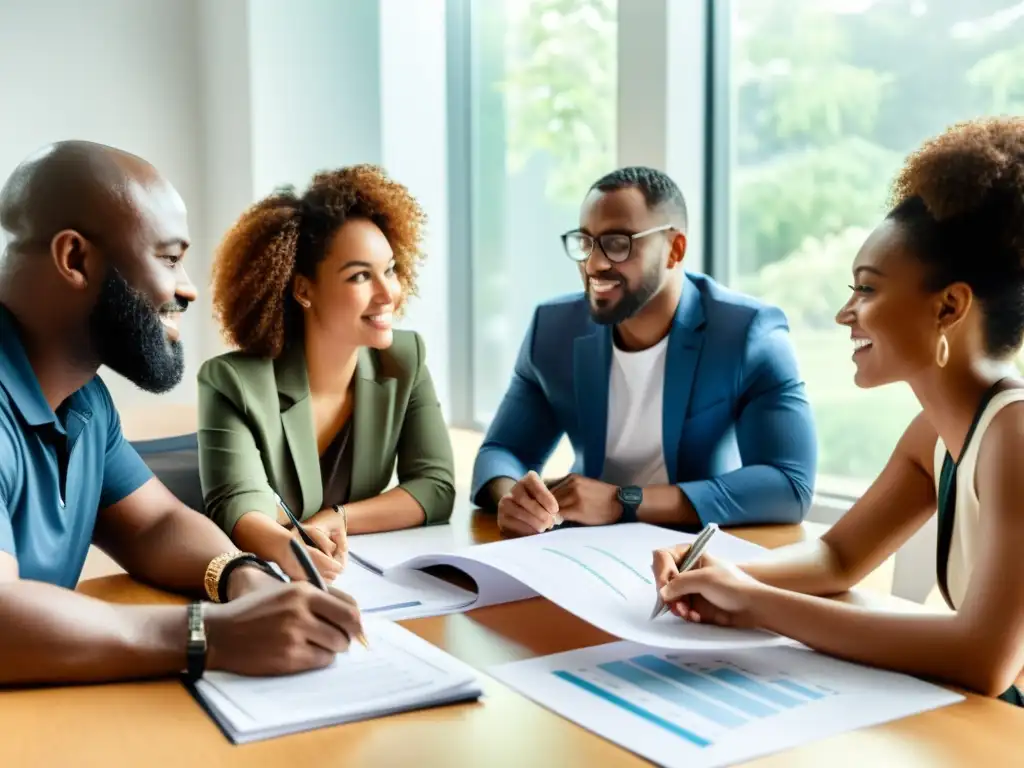 Un grupo diverso colaborando en un plan estratégico efectivo para ONGs, con expresiones de determinación y colaboración