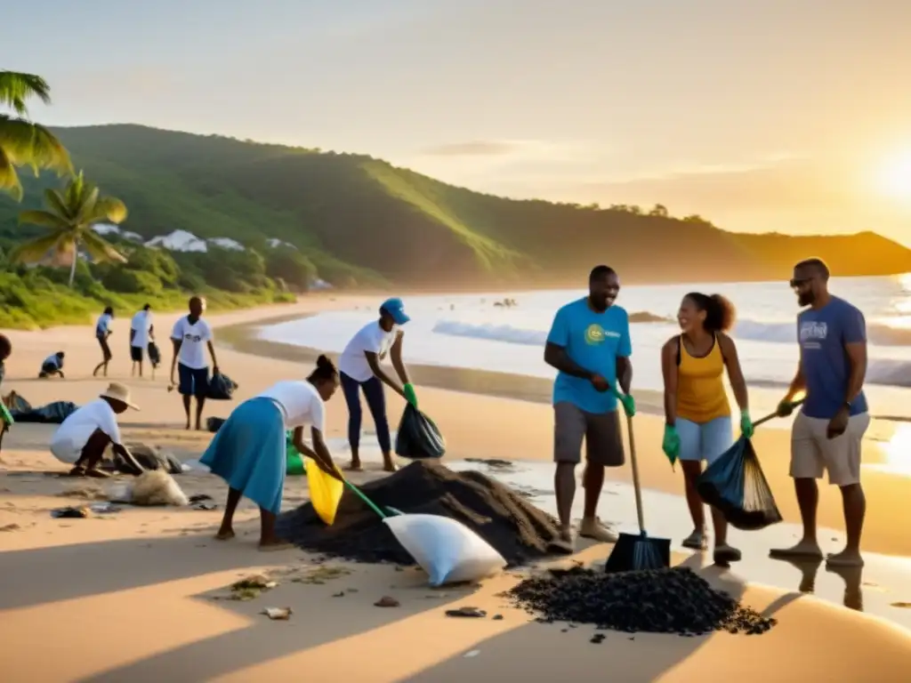 Grupo diverso disfruta limpiando la playa al atardecer, promoviendo el turismo sostenible desarrollo comunitario