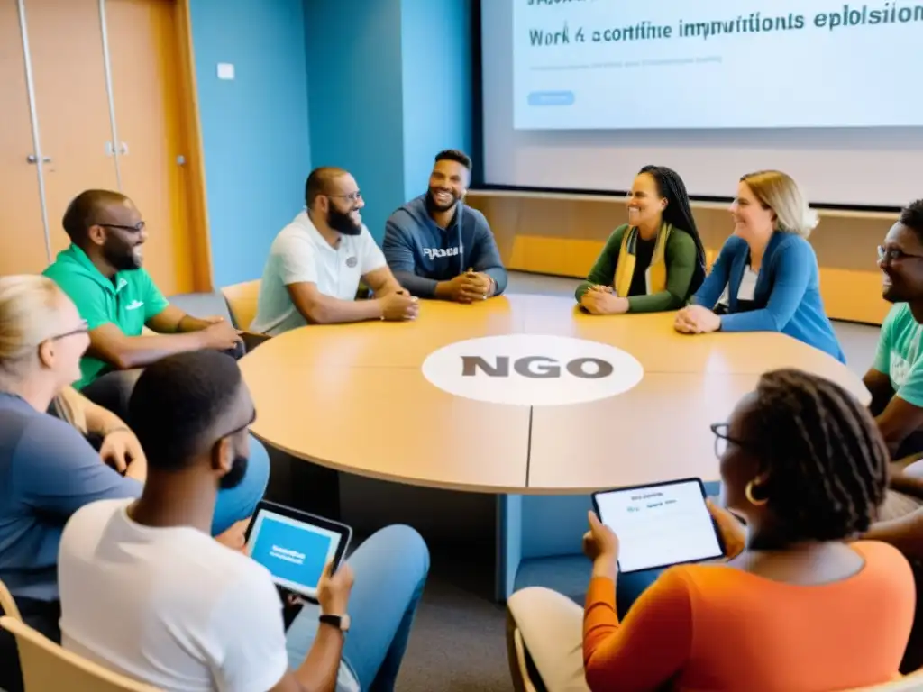 Grupo diverso participa en una positiva discusión en línea sobre el trabajo de una ONG en un centro comunitario moderno