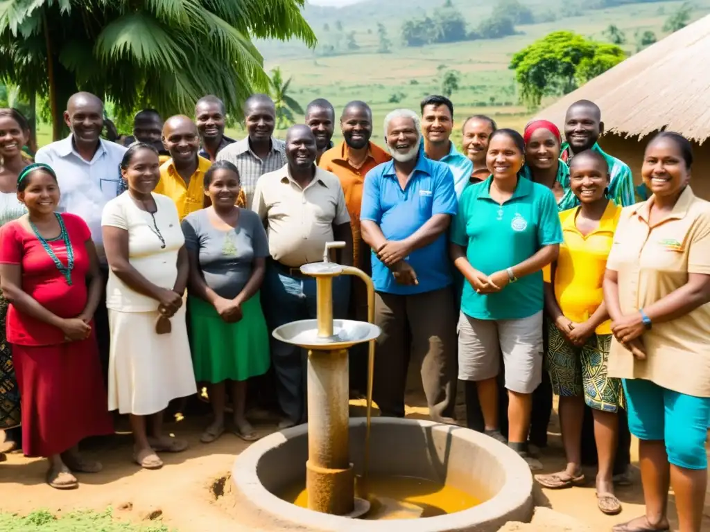 Grupo diverso construye pozo de agua en aldea rural, demostrando impacto de proyectos de cooperación internacional