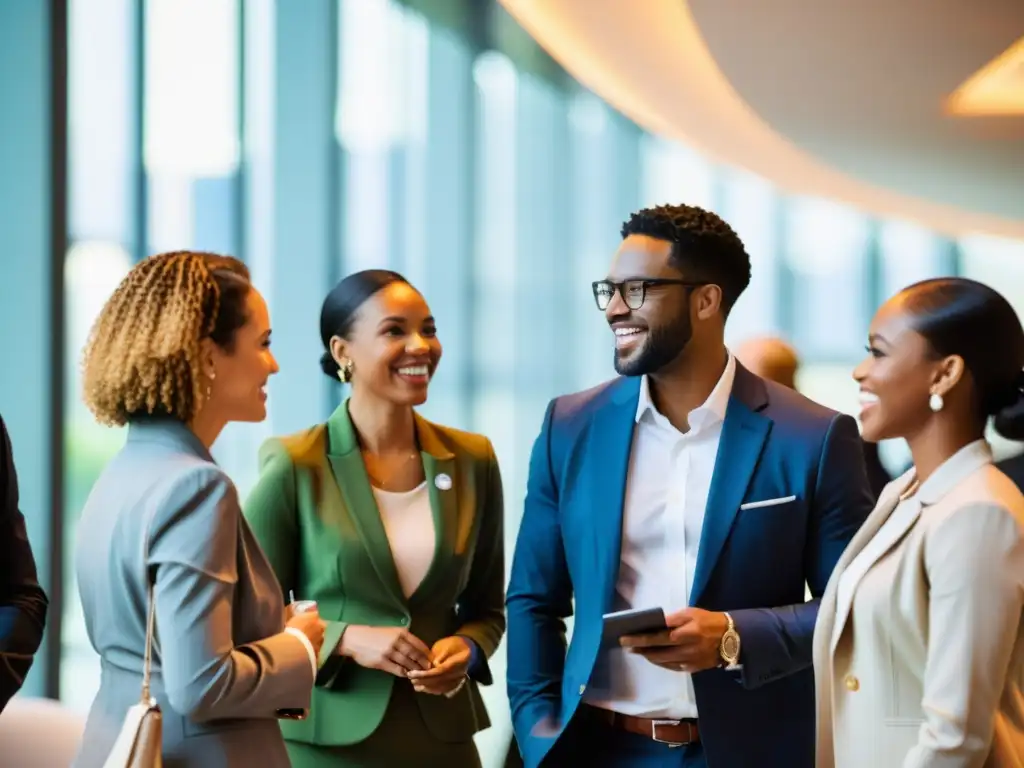 Un grupo diverso de profesionales en un animado evento de networking en LinkedIn, intercambiando ideas en un entorno urbano vibrante