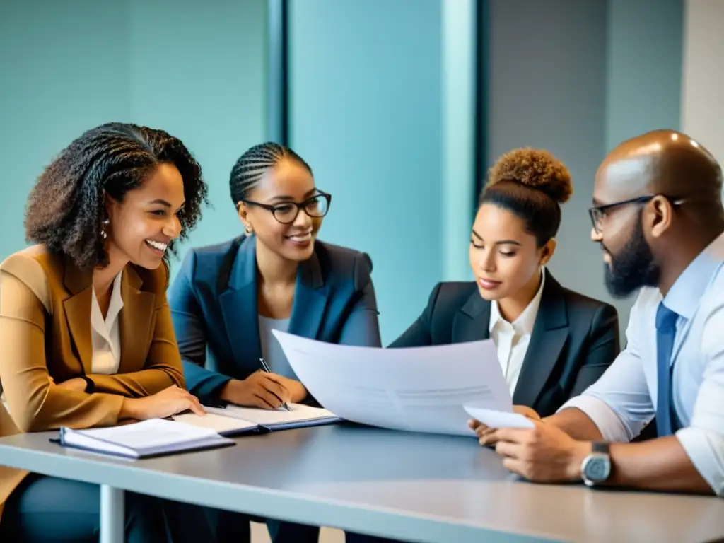 Grupo diverso de profesionales en discusión sobre requisitos legales para ONGs, mostrando determinación y colaboración