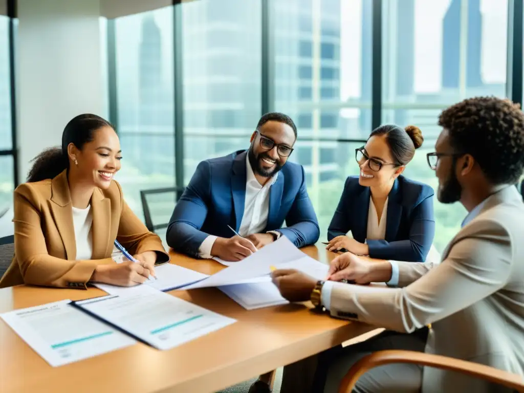 Un grupo diverso de profesionales colaborando en inversiones de impacto social para ONGs, mostrando determinación y enfoque en una atmósfera cálida y profesional