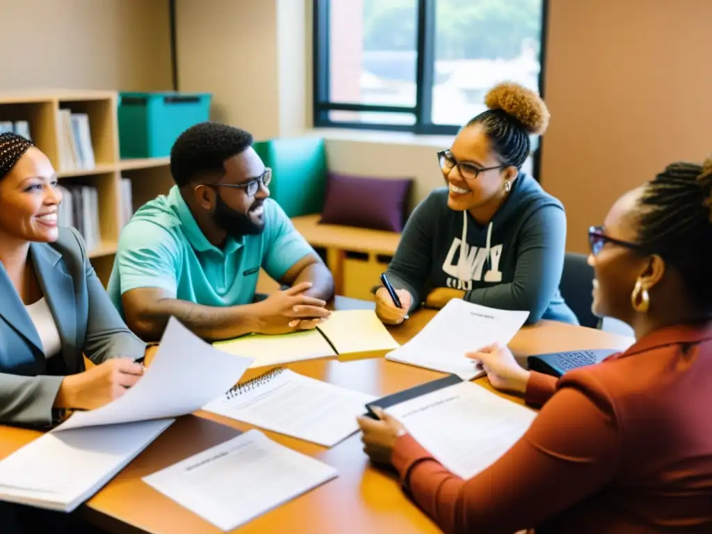 Un grupo diverso de profesionales discuten apasionadamente en una mesa, colaborando en proyectos de desarrollo comunitario