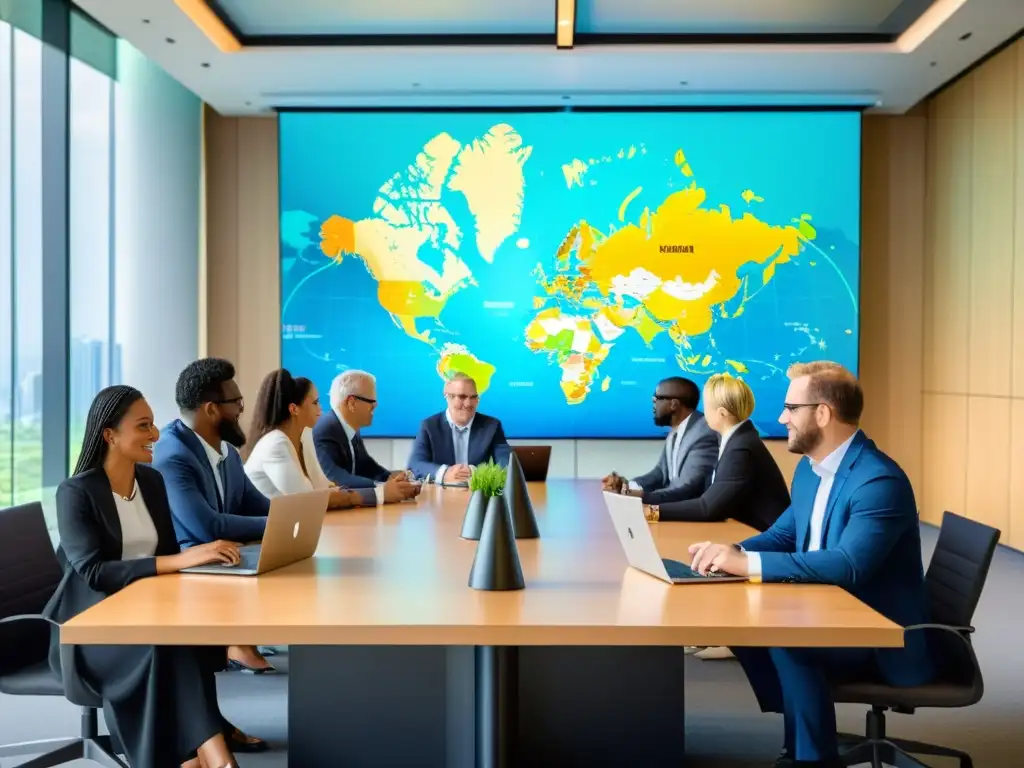 Un grupo diverso de profesionales de diferentes países se reúne en una sala de conferencias moderna