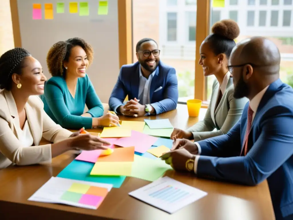 Grupo diverso de profesionales colabora en proyecto de filantropía efectiva, compartiendo ideas y mostrando determinación