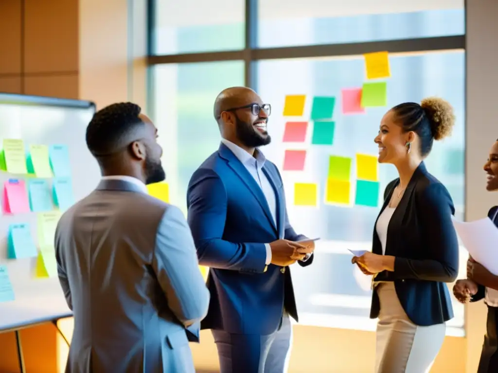 Grupo diverso de profesionales discutiendo, rodeados de material de formación