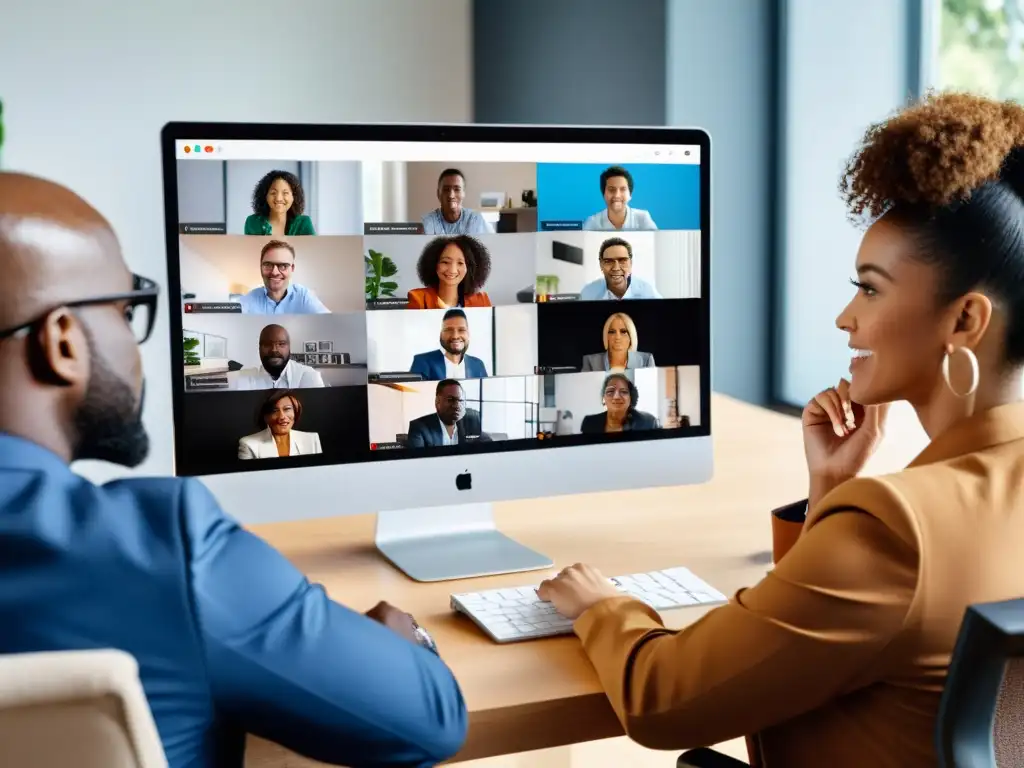 Un grupo diverso de profesionales colaborando en una videoconferencia, mostrando determinación y trabajo en equipo en sus hogares