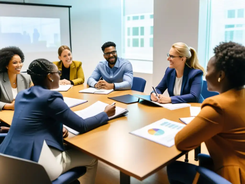 Reunión estratégica para ONGs: diversidad y colaboración Un grupo diverso diseña programas de formación efectivos para ONGs en una sala de reuniones iluminada, colaborando con pasión y determinación