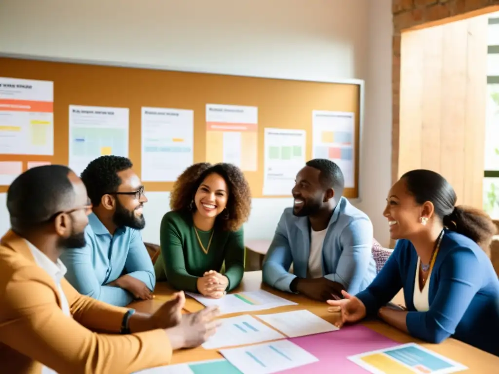 Un grupo diverso discute animadamente programas de mentoría para ONGs en un ambiente de colaboración e innovación