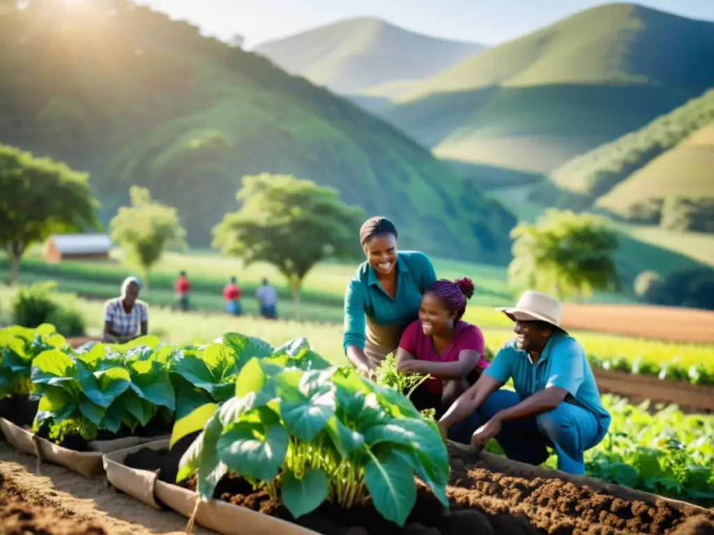 Un grupo diverso trabaja en un proyecto de agricultura sostenible en un entorno rural, mostrando espíritu colaborativo y determinación