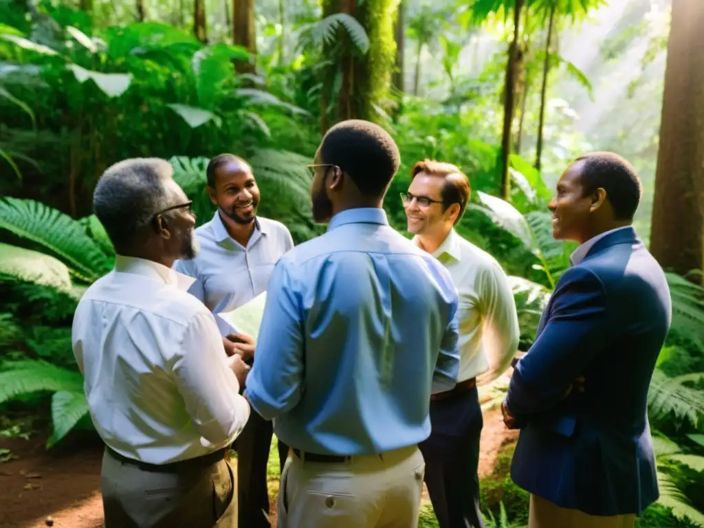 Grupo diverso colabora en proyecto ambiental en bosque biodiverso, promoviendo la colaboración intersectorial en beneficio del planeta