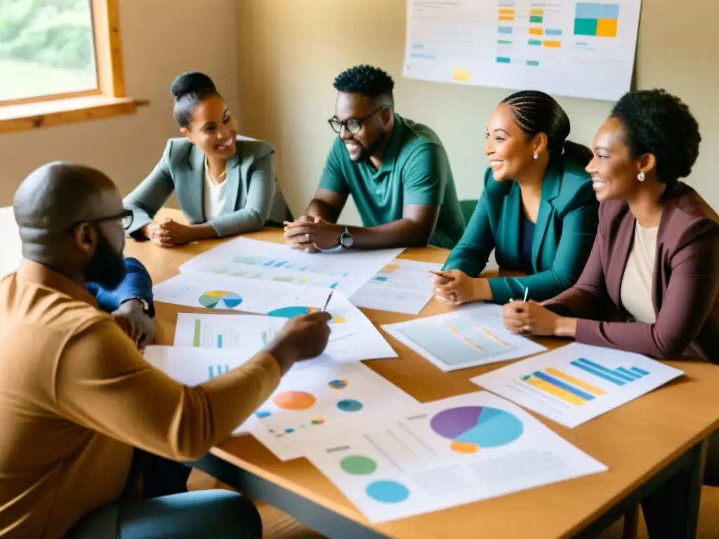 Grupo diverso discute proyecto comunitario con gráficos y mapas
