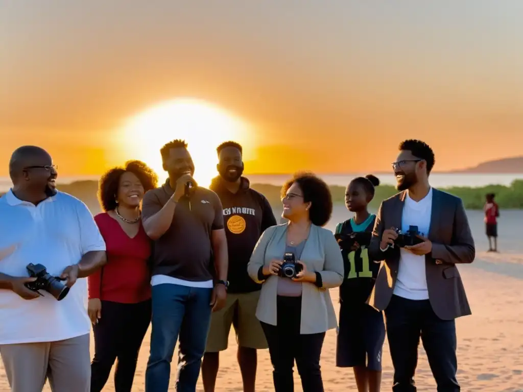 Grupo diverso participa en proyecto de fotografía, empoderamiento comunitario al atardecer