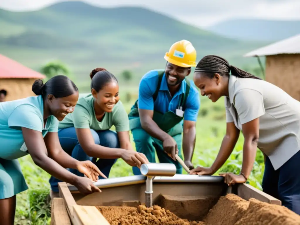 Un grupo diverso colabora en proyectos comunitarios en una zona rural, mostrando impacto en cooperación internacional