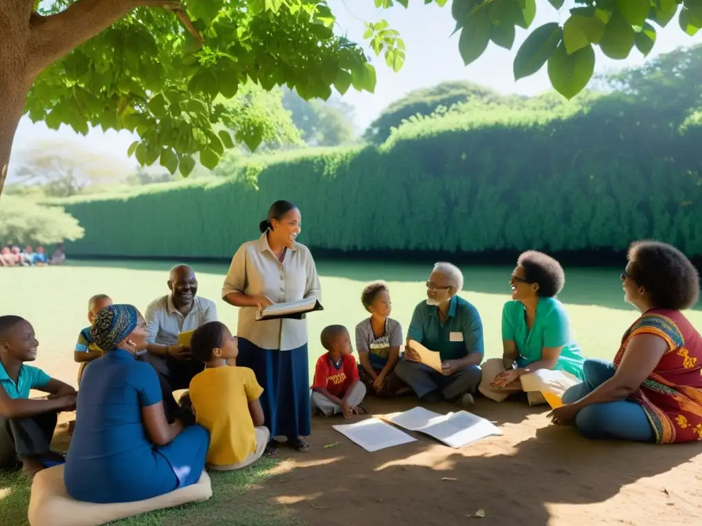 Grupo diverso reunido bajo un árbol, compartiendo ideas y materiales educativos, transmitiendo un ambiente de empoderamiento y colaboración