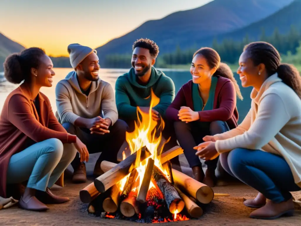 Grupo diverso reunido alrededor de fogata, compartiendo historias y estrategias de recaudación de fondos con storytelling