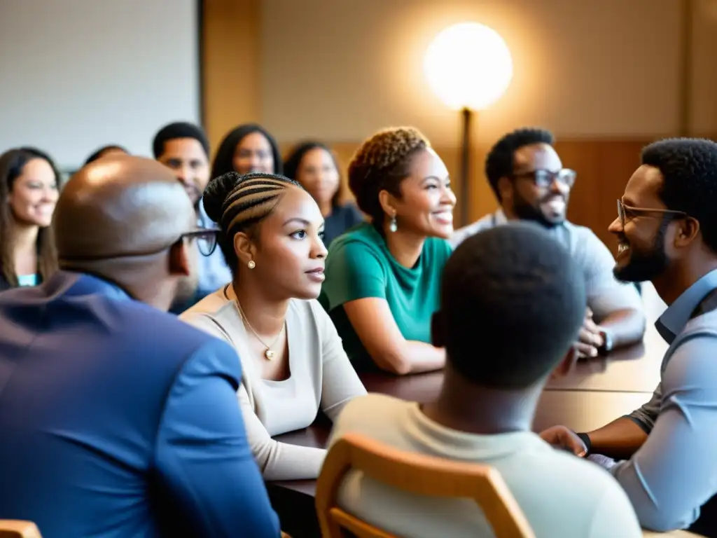 Grupo diverso en reunión comunitaria, estrategizando para cambio social