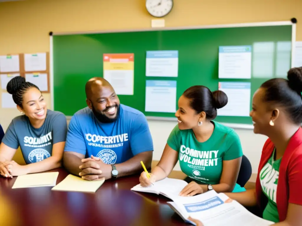 Un grupo diverso en una reunión cooperativa, con enfoque en desarrollo sostenible y apoyo mutuo