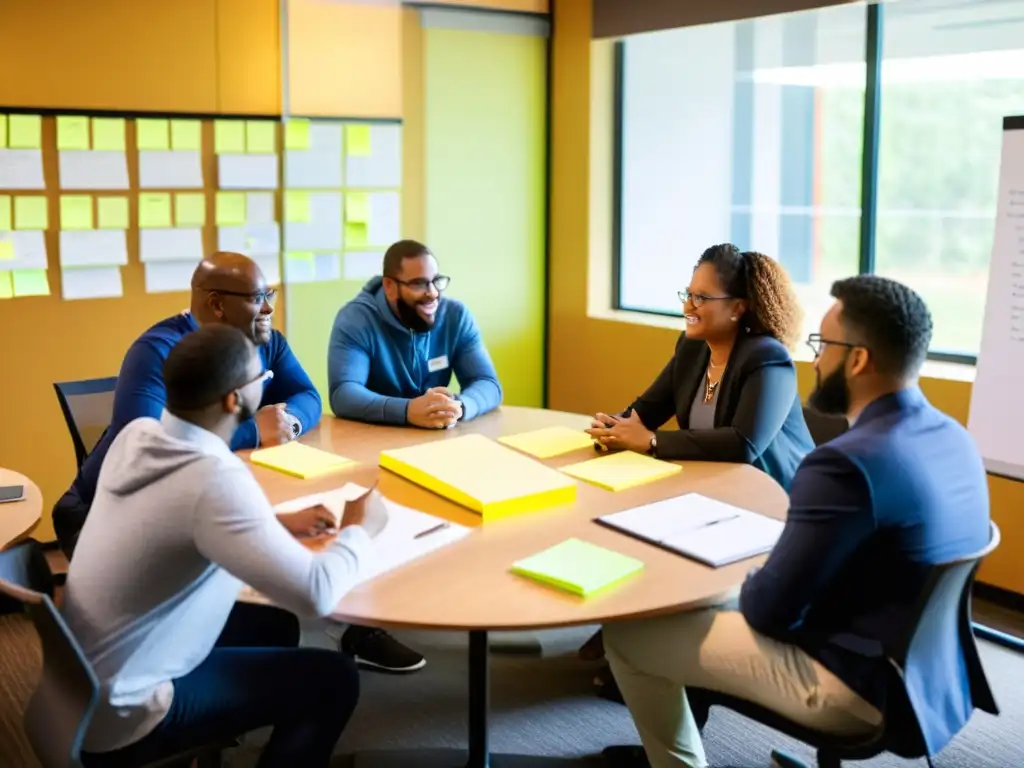 Grupo diverso en reunión de planificación estratégica para formación en ONG, ambiente colaborativo con luz natural y herramientas modernas