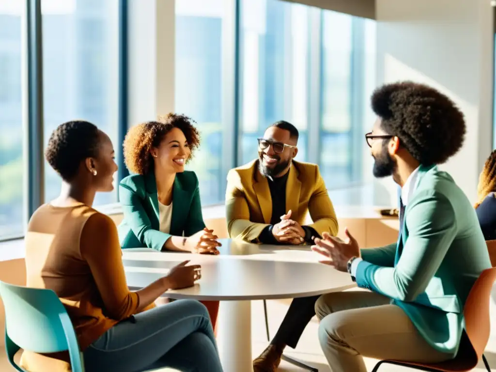 Grupo diverso en reunión en oficina moderna, reflejando la colaboración e inclusión