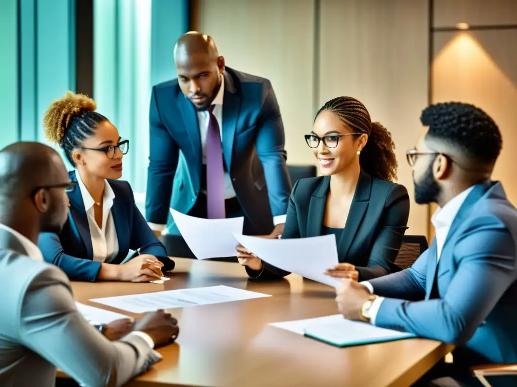 Grupo diverso en reunión de fusión y adquisición de ONGs: profesionalismo, enfoque y determinación en colaboración innovadora