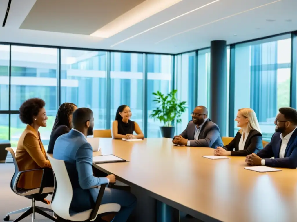 Grupo diverso colabora en reunión profesional