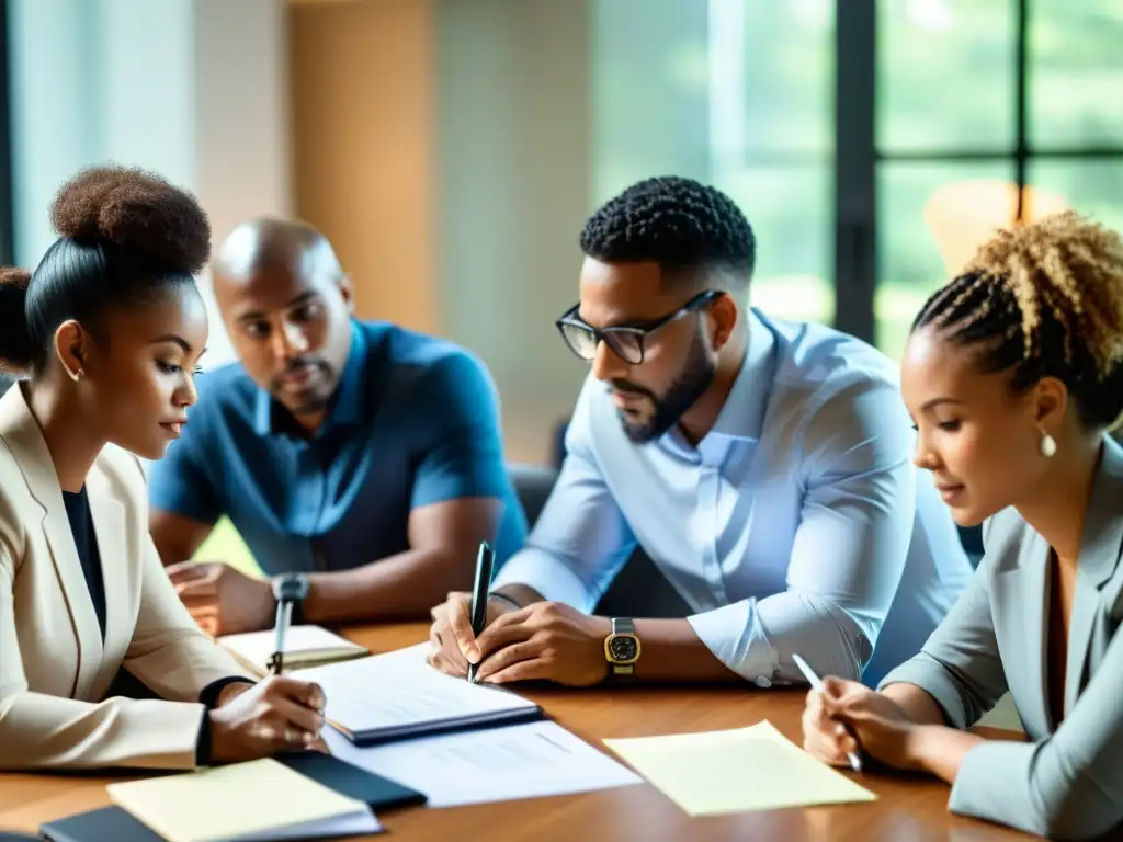 Grupo diverso en reunión profesional, colaborando con determinación para ganar financiamiento ONG