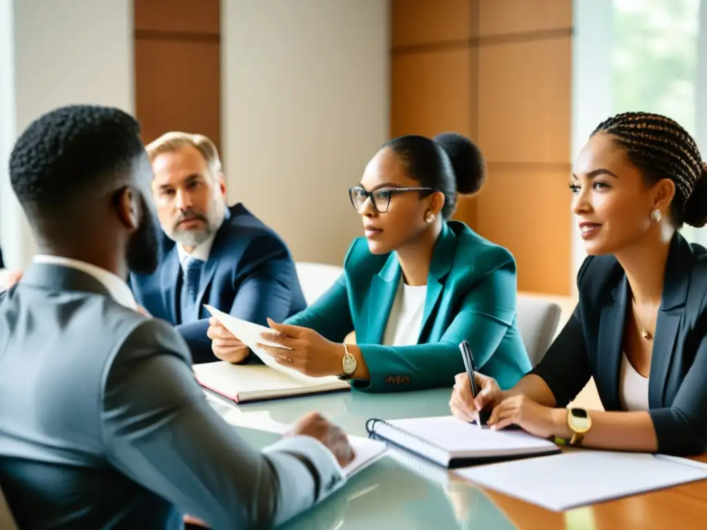 Grupo diverso en reunión profesional discute con pasión estrategias para entrenamiento portavoces ONG efectivo