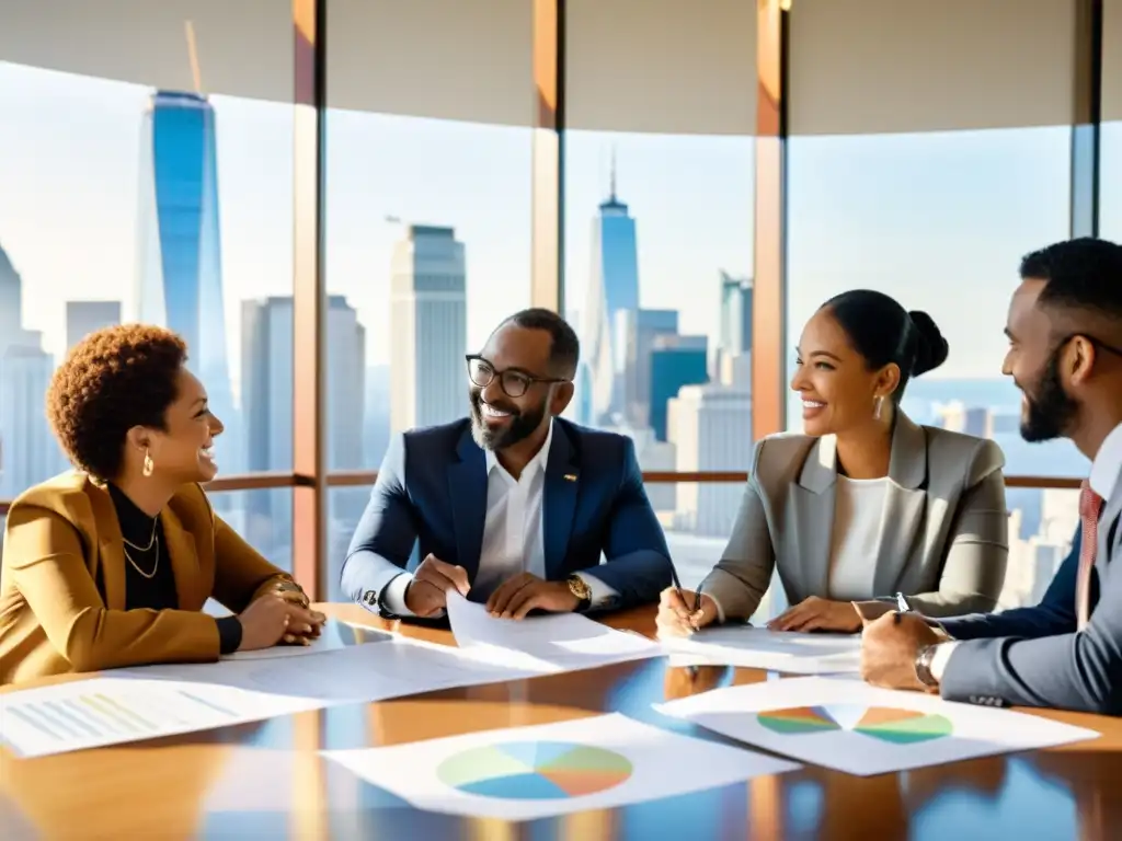 Grupo diverso en reunión de trabajo, discuten ideas en una sala luminosa con vista a la ciudad