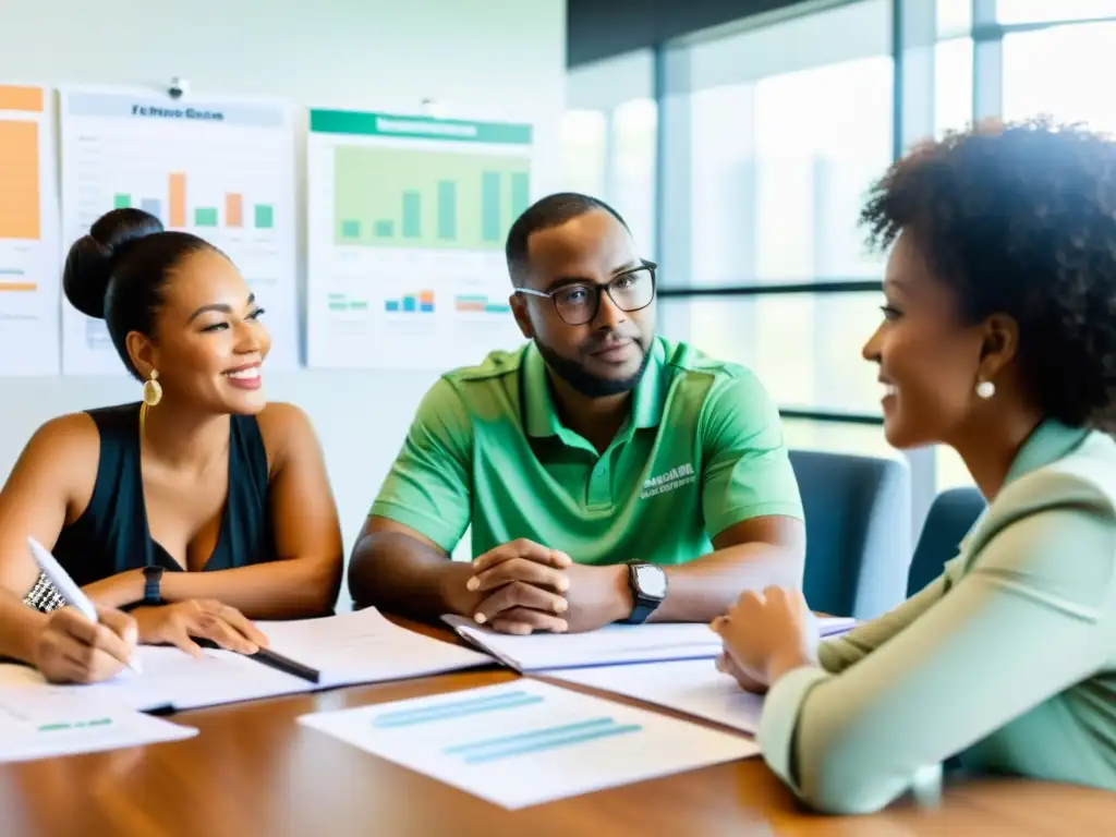 Un grupo diverso se reúne en una sala iluminada para discutir el plan financiero para ONGs, mostrando colaboración y determinación