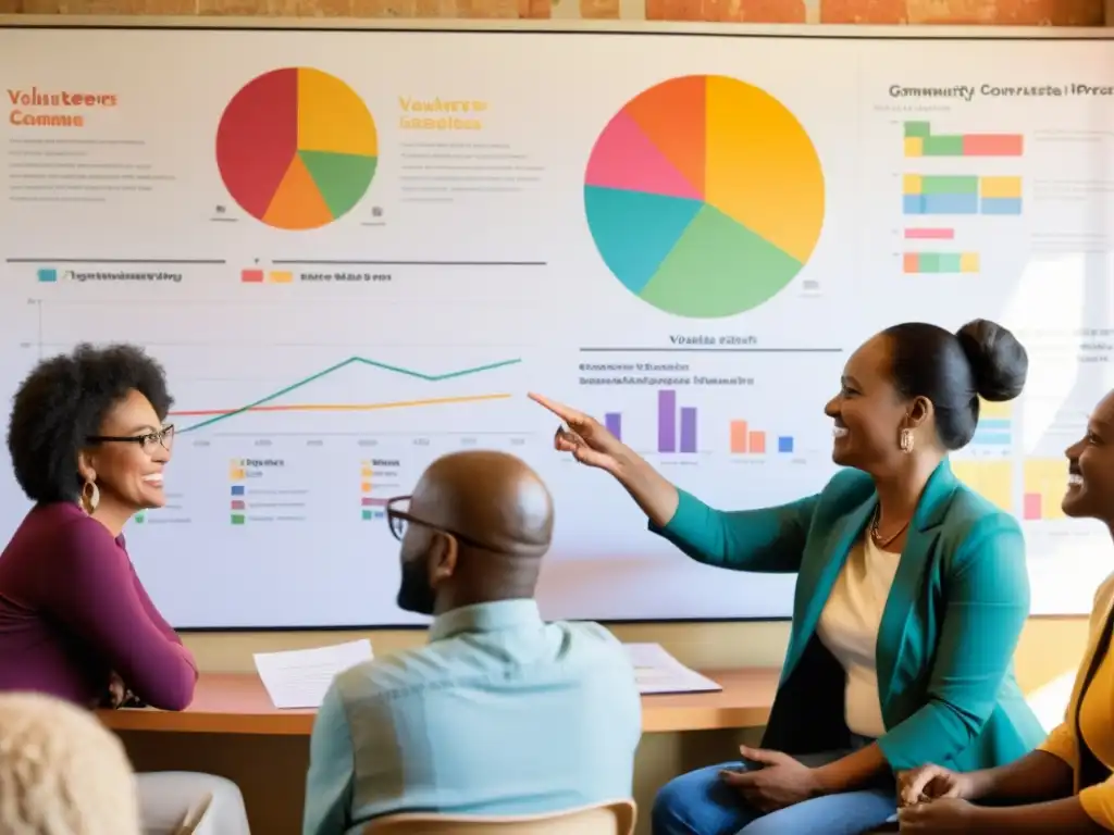 Grupo diverso en sala iluminada por el sol, discuten datos y comparten ideas